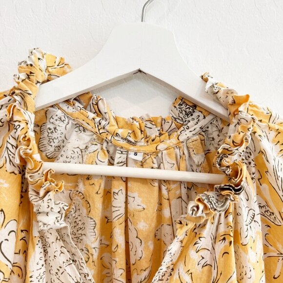 Floral 100% Cotton V-Neck Short Sleeve Ruffle Trim Flowy Mini Dress Boho Small - Picture 5 of 9